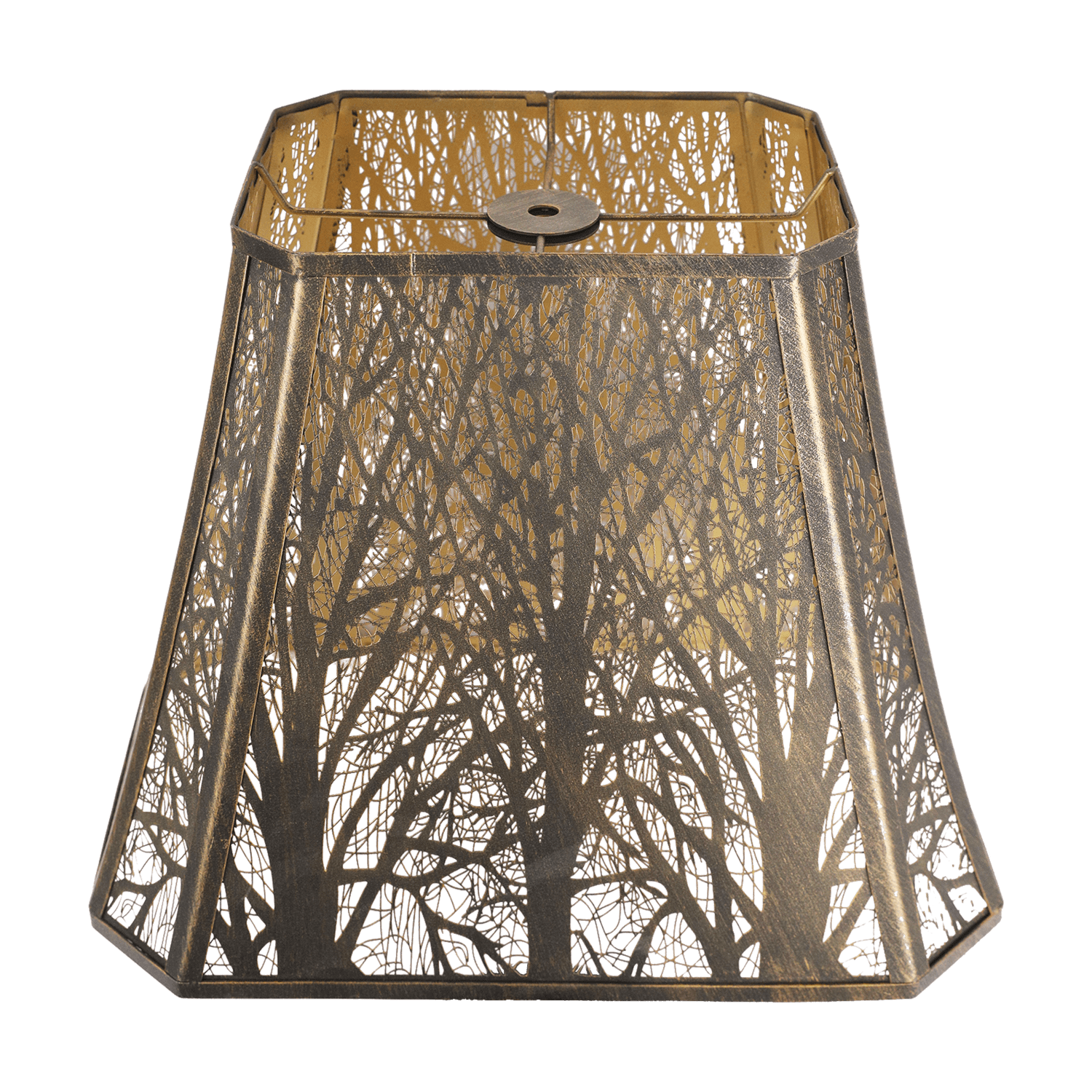 A large, forest etched metal lampshade with a brownish-gold color and a rectangular shape.