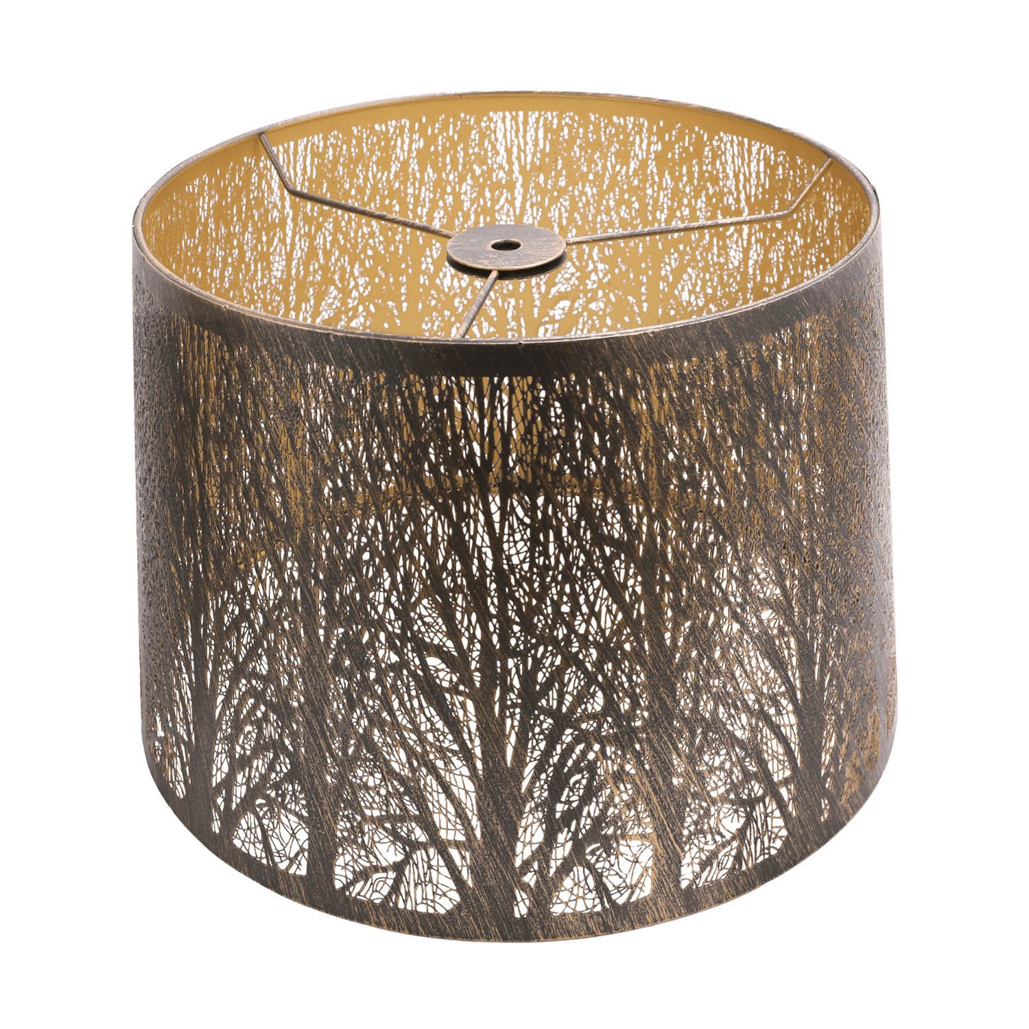 A cylindrical metal lampshade with a brown and beige tree etched pattern.