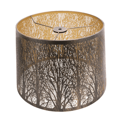 A cylindrical metal lampshade with a brown and beige tree etched pattern.