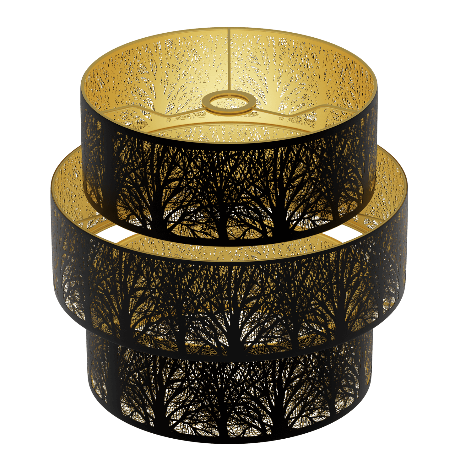 A three-tiered drum-shaped metal lampshade with a black exterior and gold interior, featuring a forest etching.