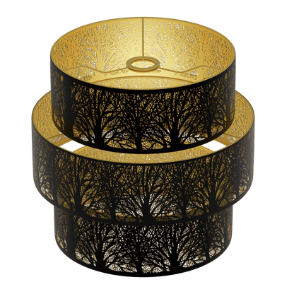 A three-tiered drum-shaped metal lampshade with a black exterior and gold interior, featuring a forest etching.