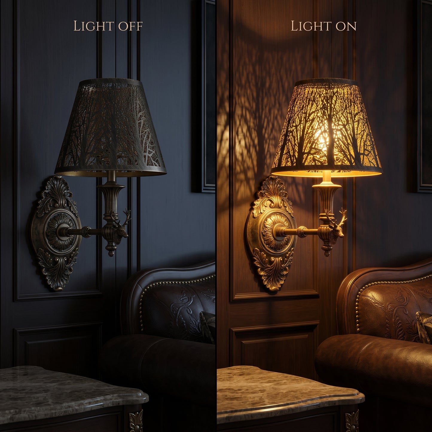 Light on and off comparison of a small wall sconce lamp shade, showing warm glow and decorative forest shadow effect.