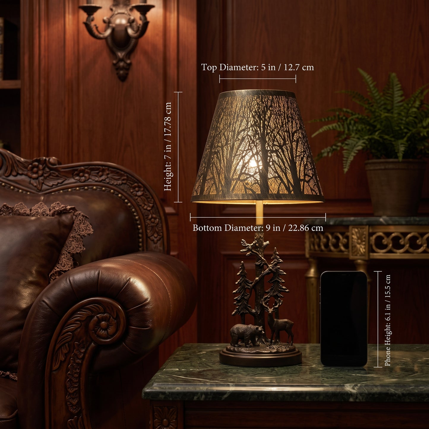 Small lamp shade size comparison showing top diameter, bottom diameter, height, and phone scale in a vintage interior setting.