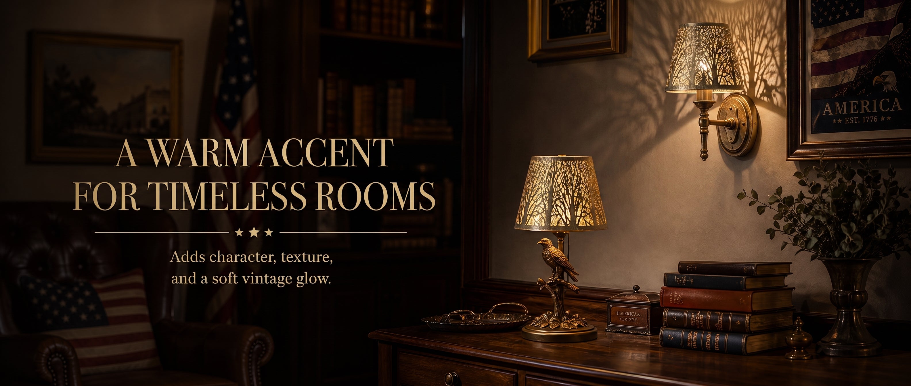 Lamp shades small adding a warm vintage accent, soft glow, and decorative texture to timeless American-style rooms.