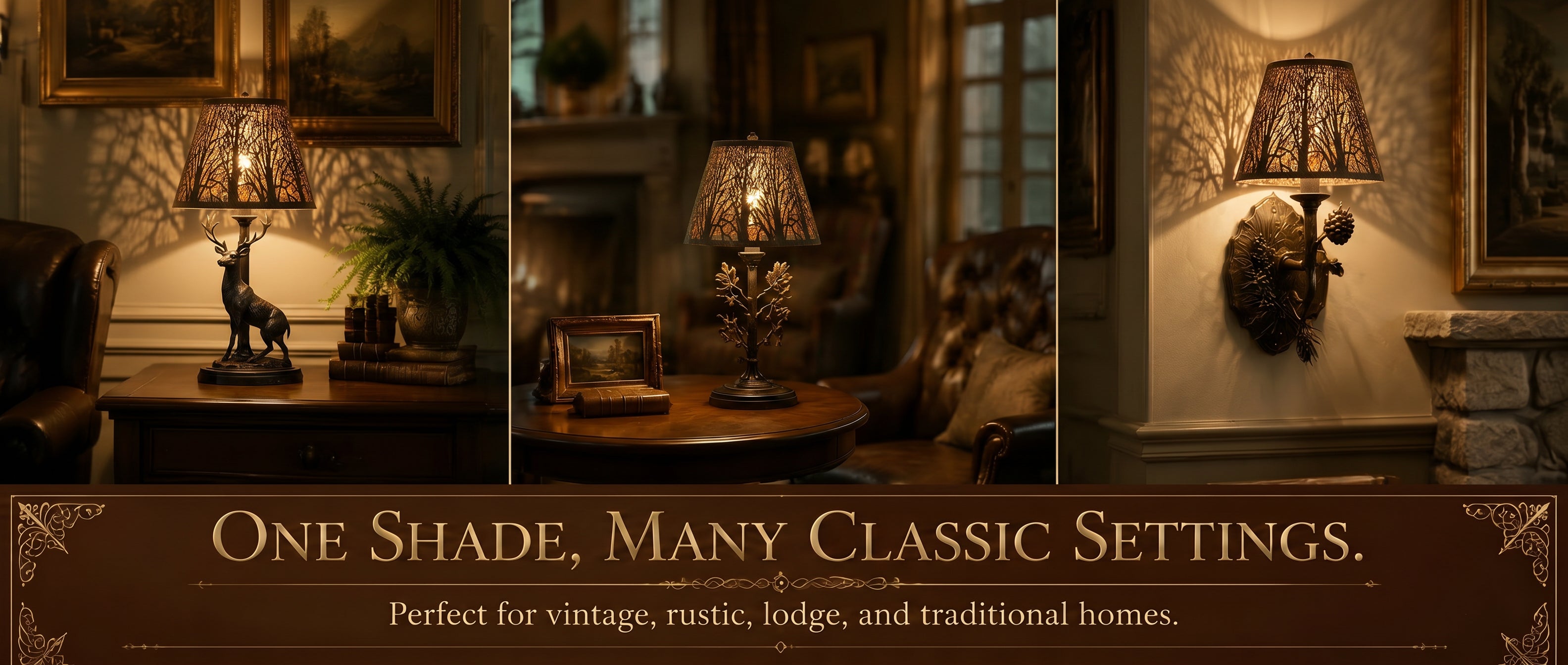 Lamp shades small shown in multiple classic settings, suitable for vintage, rustic, lodge, and traditional home lighting decor.