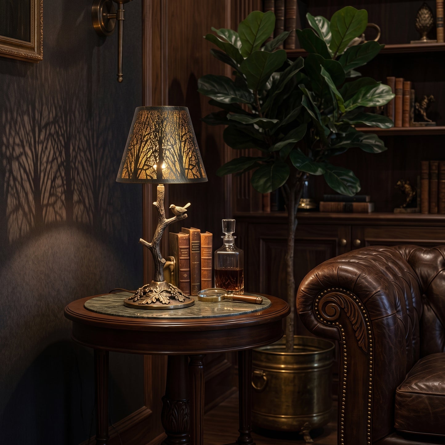 Small metal lamp shade for table lamp with forest cutout design, creating warm shadow patterns in a vintage luxury living room.