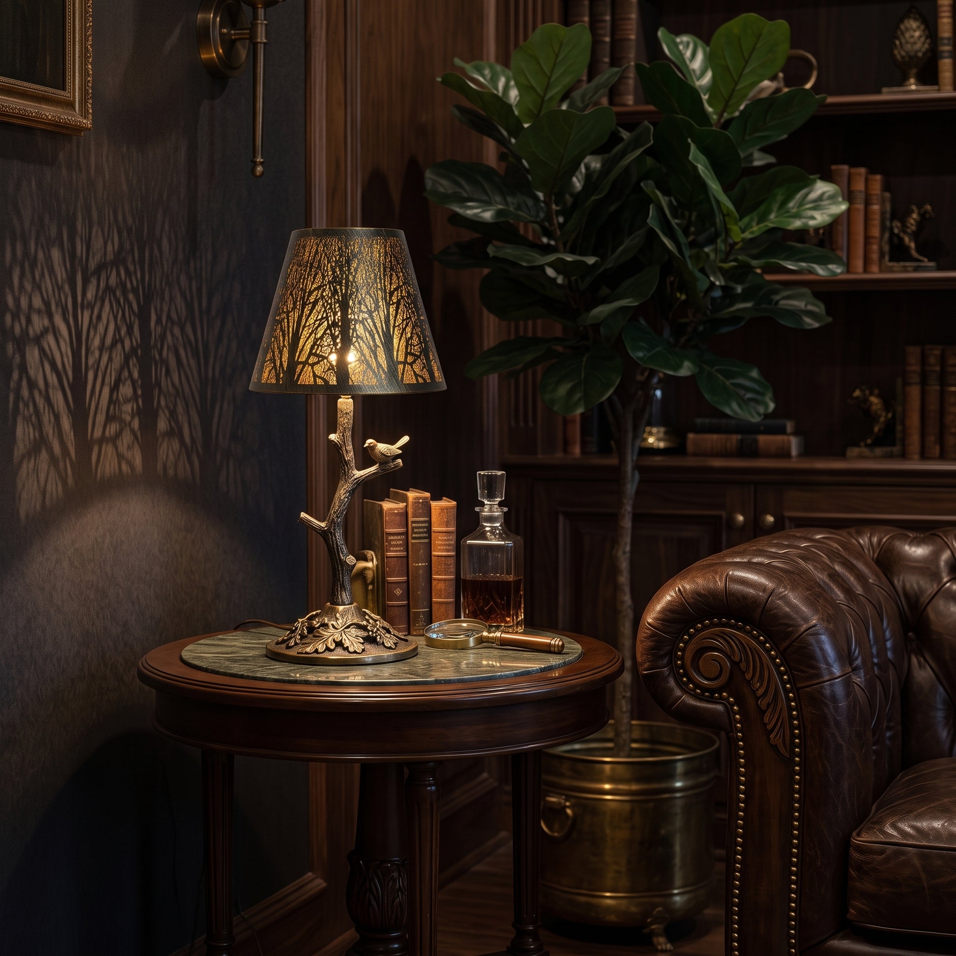 Small metal lamp shade for table lamp with forest cutout design, creating warm shadow patterns in a vintage luxury living room.