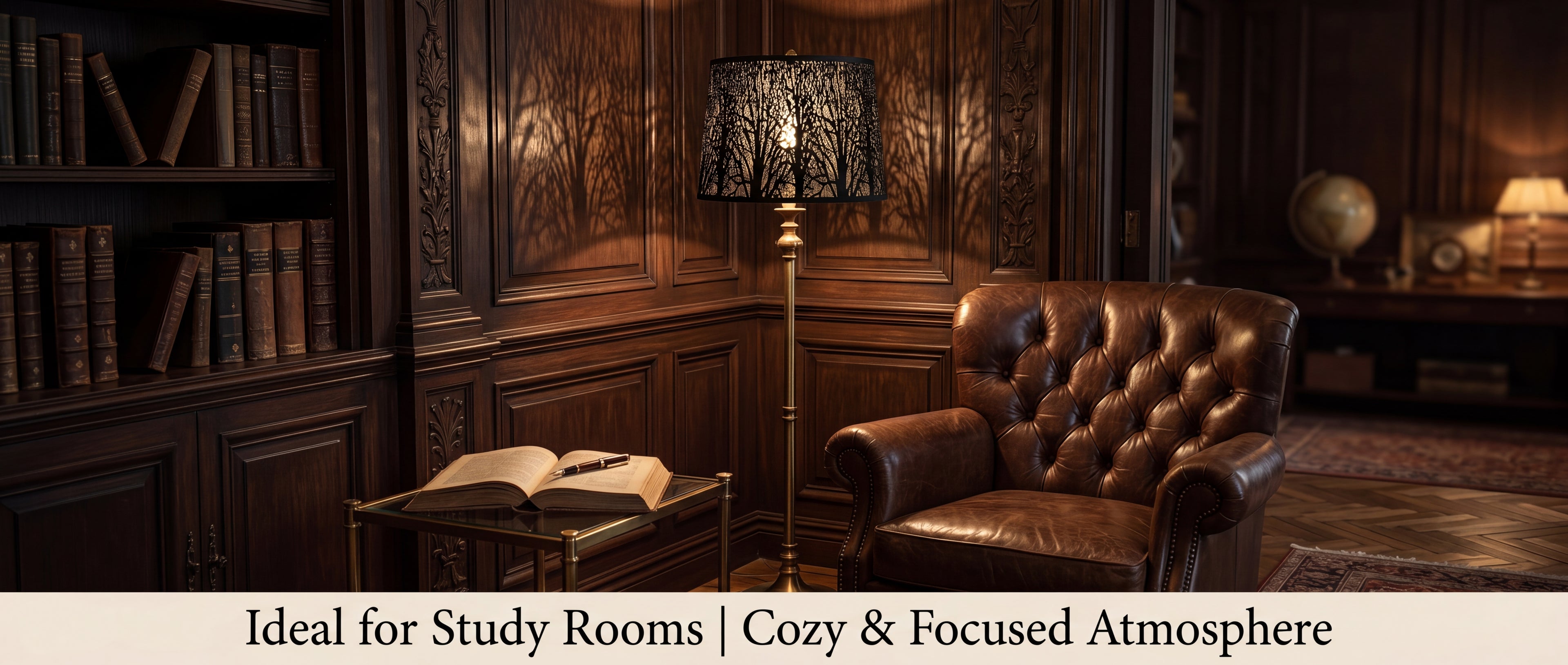 Large black metal drum lamp shade with tree pattern on a brass floor lamp in a dark wood study room, casting warm forest shadows.