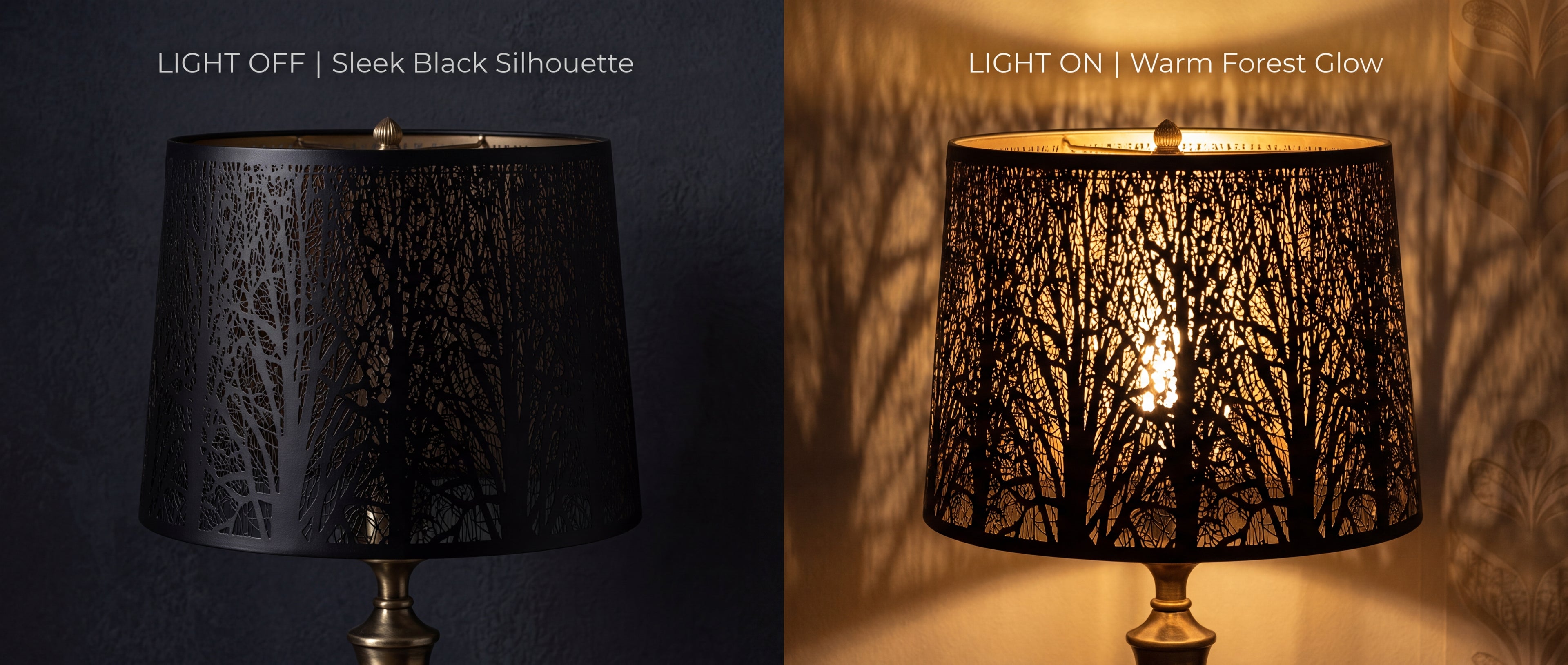 Black metal tree pattern lamp shade shown with the light off and on, creating a warm forest glow and decorative wall shadows.