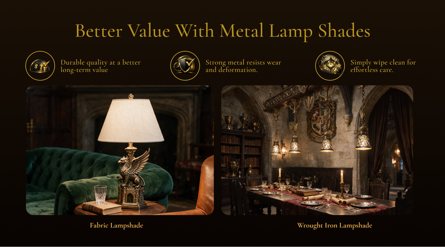 Metal chandelier shades compared with fabric lampshades, highlighting durable construction, easy cleaning, and long-term use.
