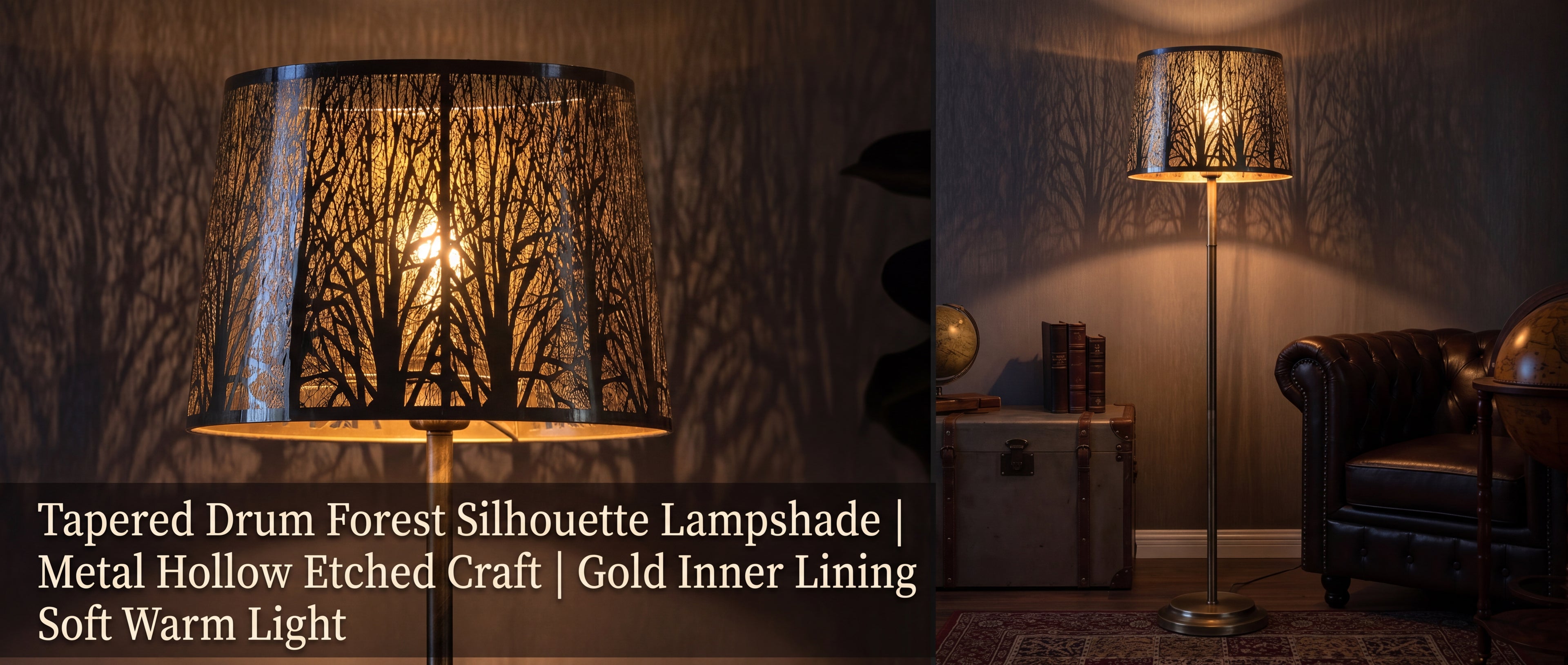Chrome forest metal lampshade tapered drum forest silhouette lampshade with metal hollow etched craft and gold inner lining creating soft warm light, left side extreme closeup detailed close-up of black chrome stainless steel exterior with intricate laser cut etched forest tree branch silhouette pattern and warm gold interior lining glow with detailed metal hollow etched craftsmanship and spider fitter metal cross frame visible, right side full lamp view chrome forest lampshade on vintage brass gold stem ro