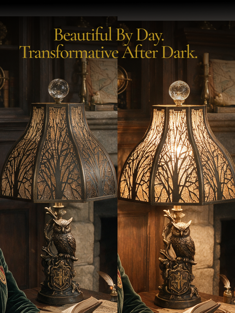 Antique bronze lotus metal lamp shade shown off and illuminated, revealing a warm glow through the forest cutout design.
