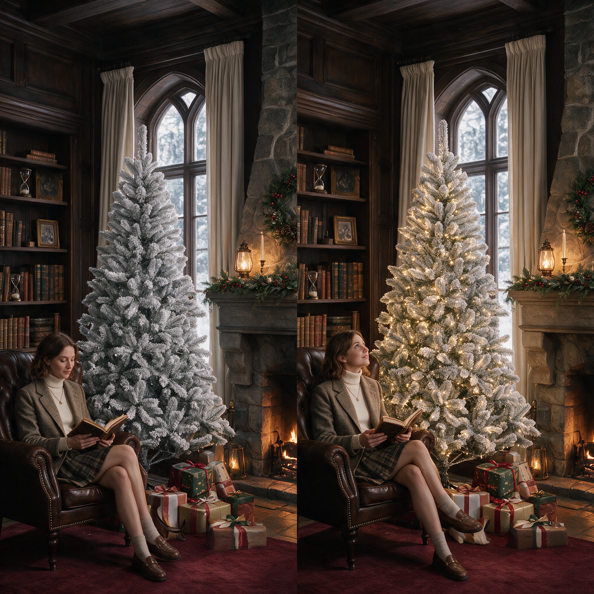 Side-by-side comparison of a white flocked artificial Christmas tree with its lights off and warm lights on, showing the snowy branches and illuminated holiday atmosphere.