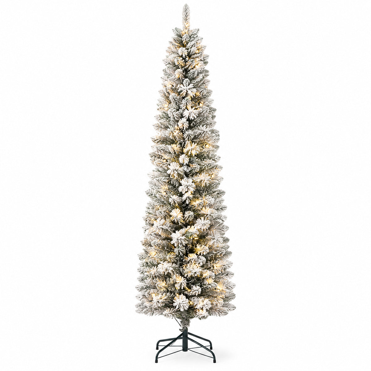 7.5 ft flocked artificial pencil Christmas tree with warm LED lights, snowy branches and a black metal stand on a white background.