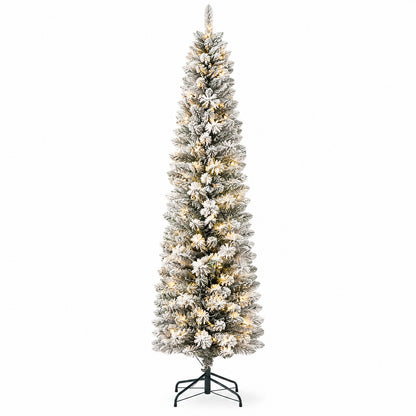 7.5 ft flocked artificial pencil Christmas tree with warm LED lights, snowy branches and a black metal stand on a white background.