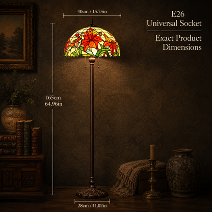16 inch Tiffany floor lamp dimensions showing shade size, height measurement and E26 bulb socket compatibility