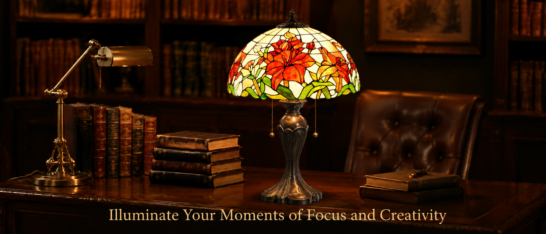 Vintage stained glass desk lamp creating warm focused lighting for reading rooms and classic home offices