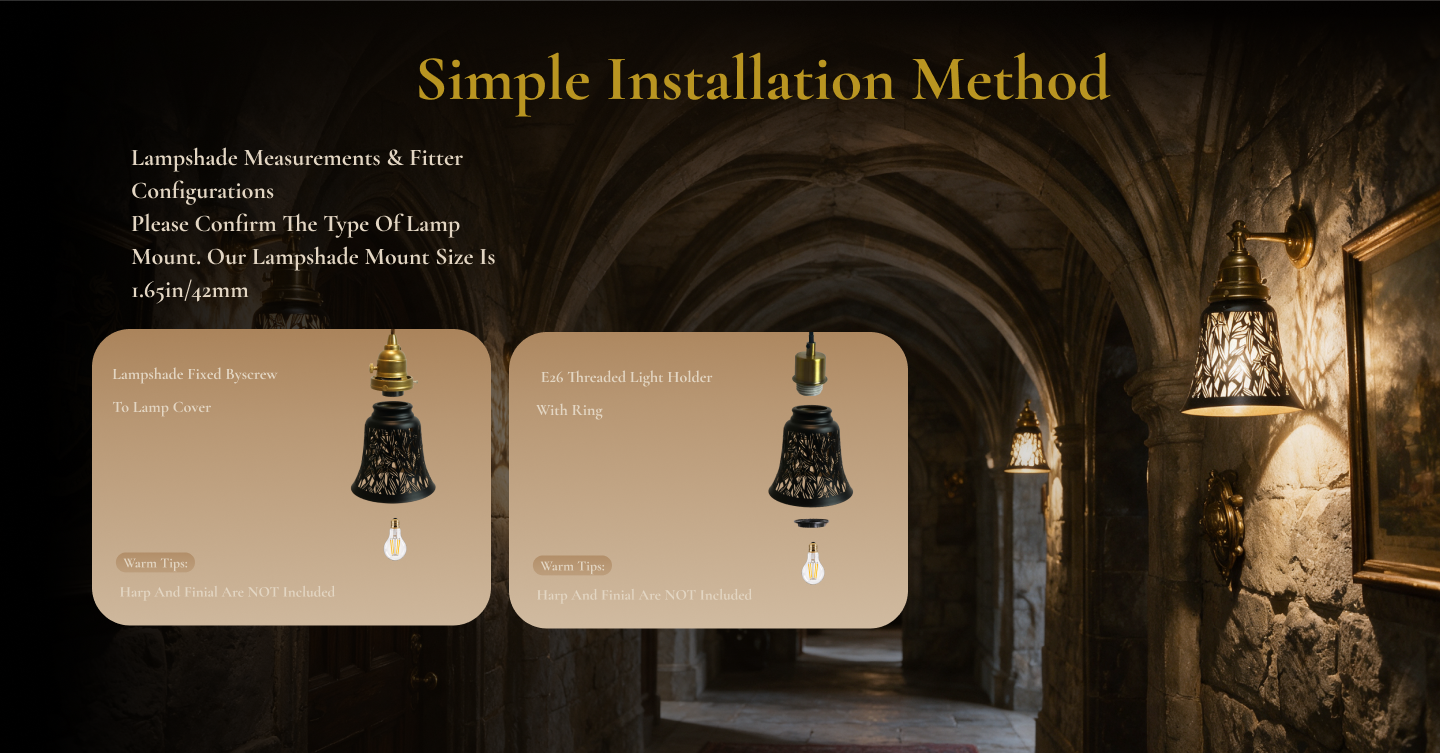 Replacement lamp shades with 1.65 inch 42 mm fitter shown with compatible mounting methods for chandelier and wall lighting.