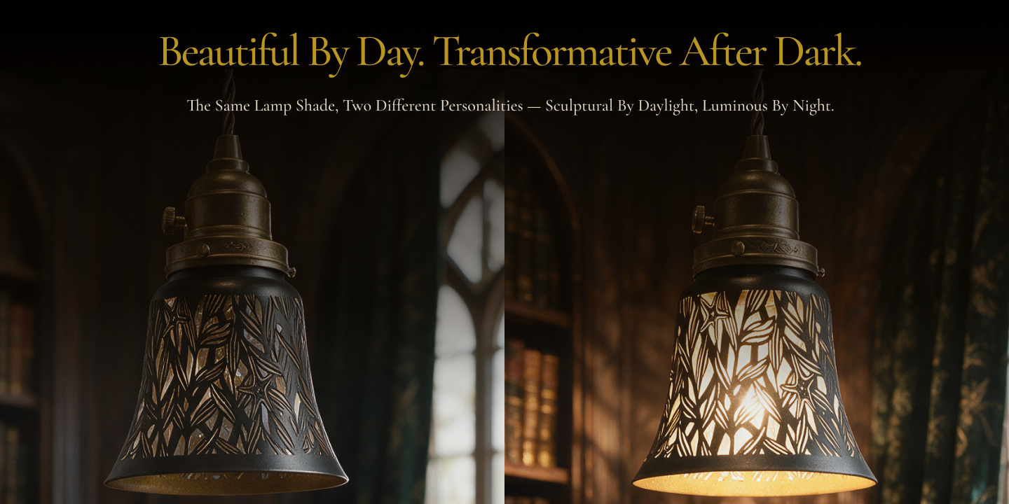 Small chandelier lamp shades shown with light off and on, creating a warm glow through the starfish cutout pattern.
