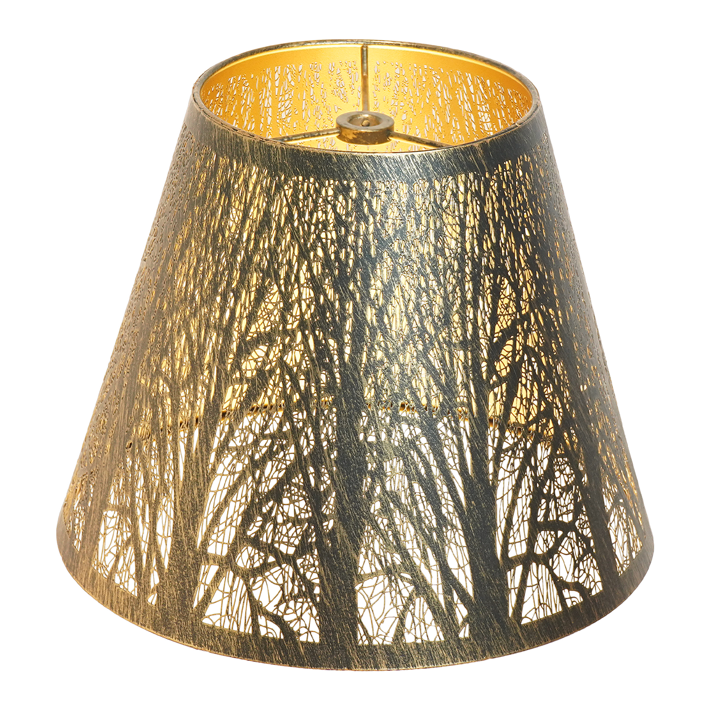 Close-up of a small metal lamp shade replacement featuring antique brass finish, golden interior, and detailed forest cutout design.