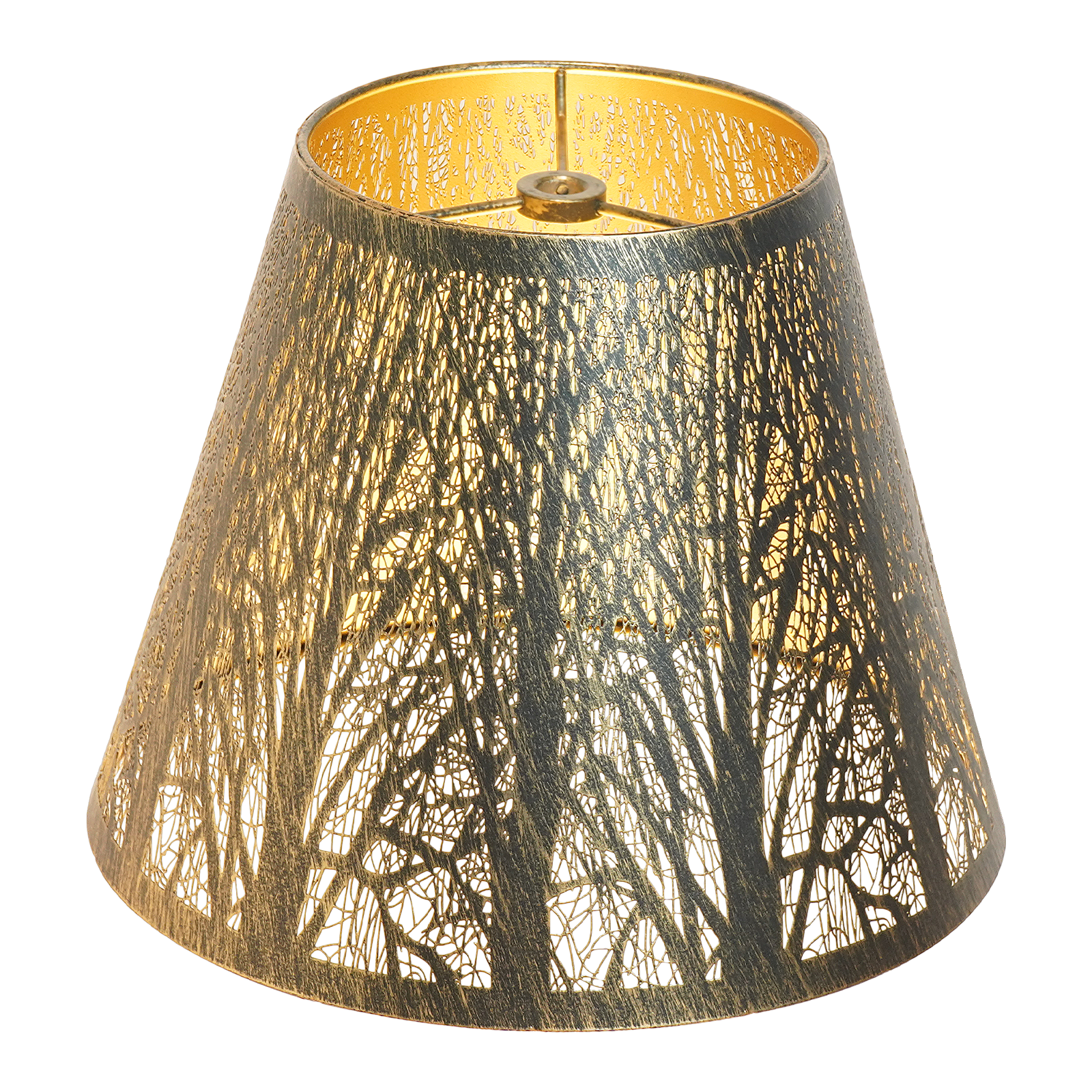 Close-up of a small metal lamp shade replacement featuring antique brass finish, golden interior, and detailed forest cutout design.