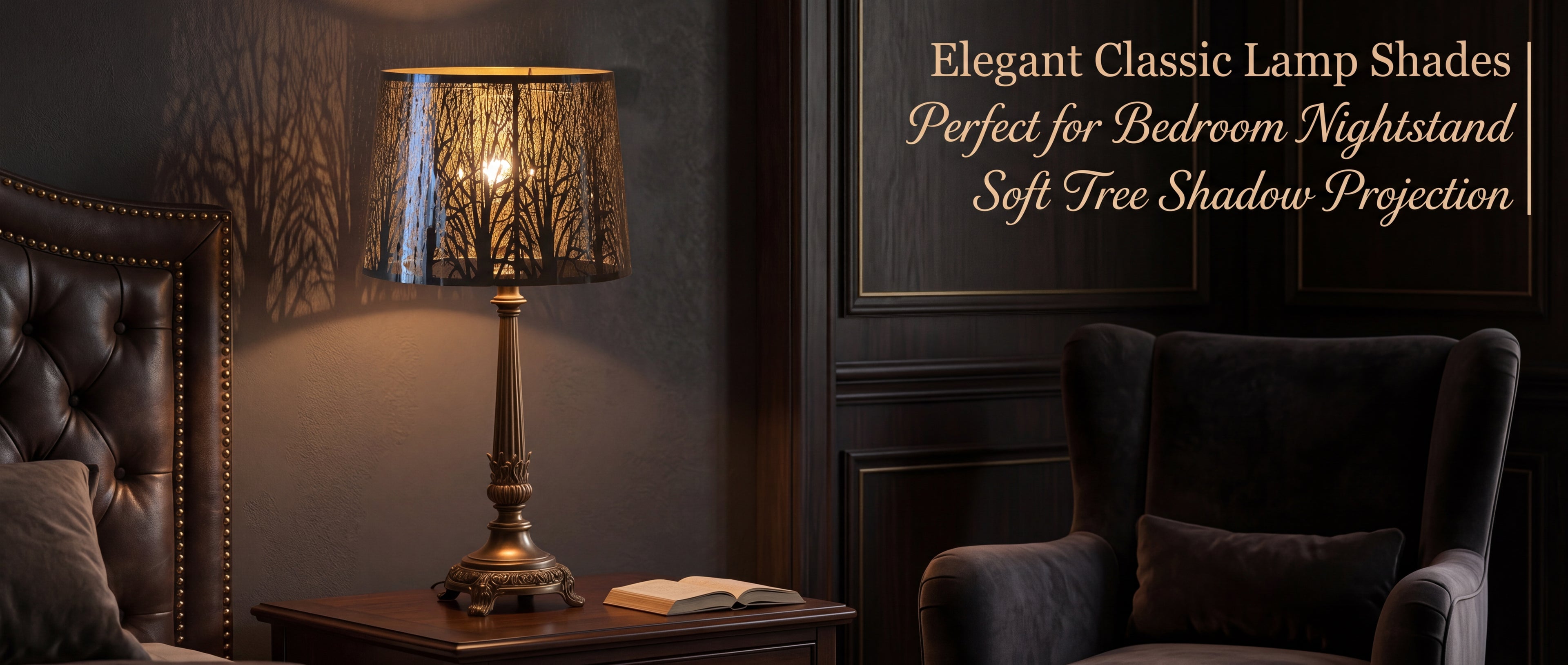 Chrome forest metal lampshade elegant classic lamp shades perfect for bedroom nightstand with soft tree shadow projection, black chrome stainless steel outer bronze black finish with inner gold light and shadow clarity creating warm reflective glow and intricate soft tree branch shadow pattern on dark wood panel wall and tufted brown leather upholstered headboard bed, vintage distressed bronze ornate table lamp base with floral leaf carving on dark wood nightstand with open book and plush dark grey velvet w