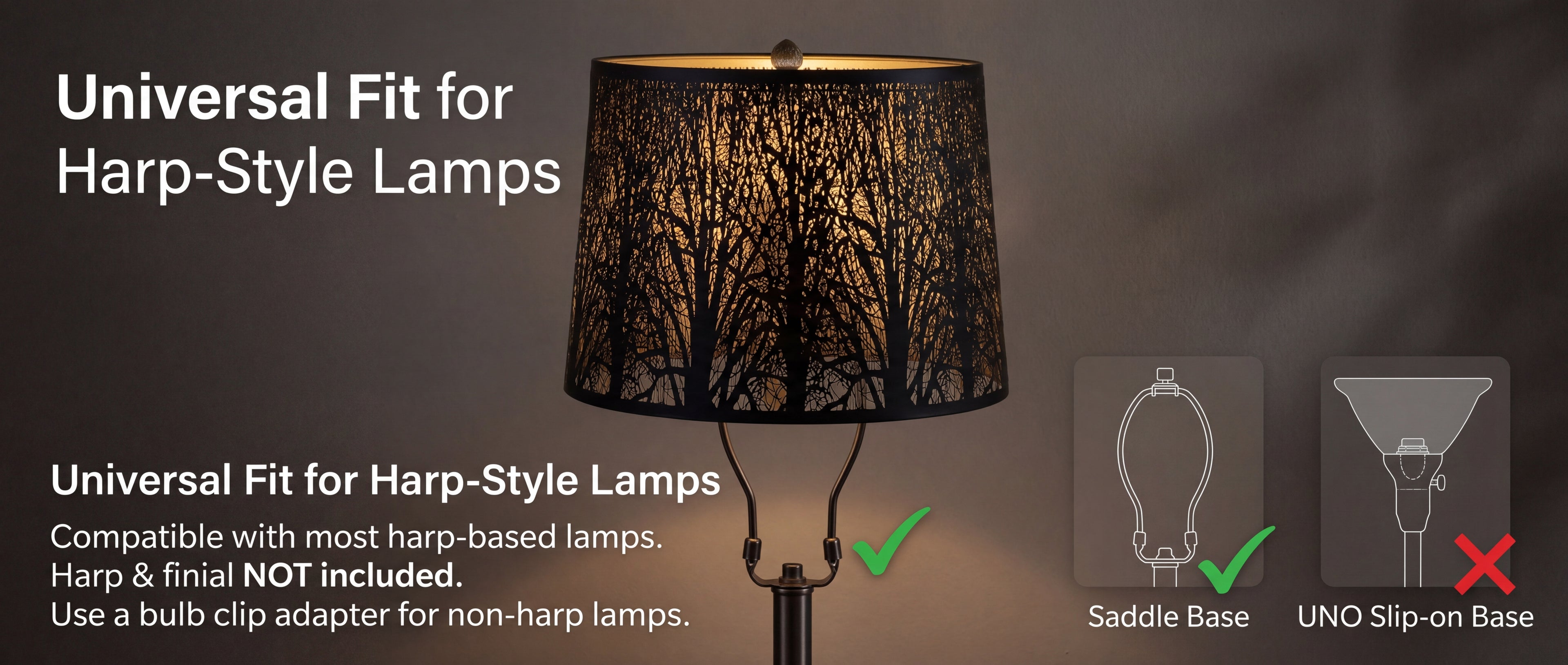 Large black metal lamp shade with spider fitter for compatible harp-style table lamps and floor lamps, not for UNO slip-on bases.