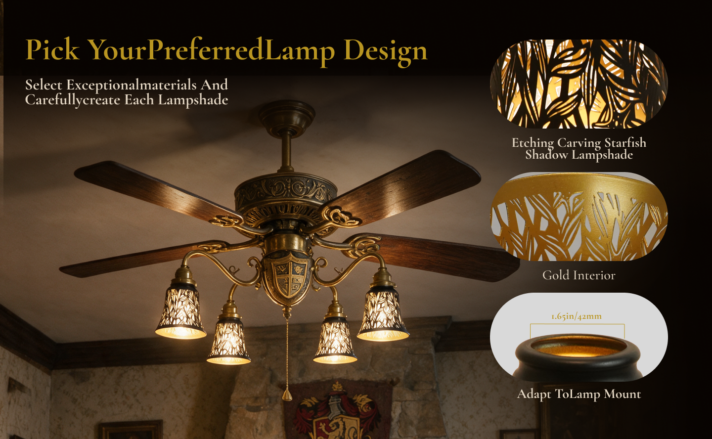 Starfish lamp shades for chandeliers showing etched starfish and leaf details, gold interior, and 1.65 inch lamp mount.