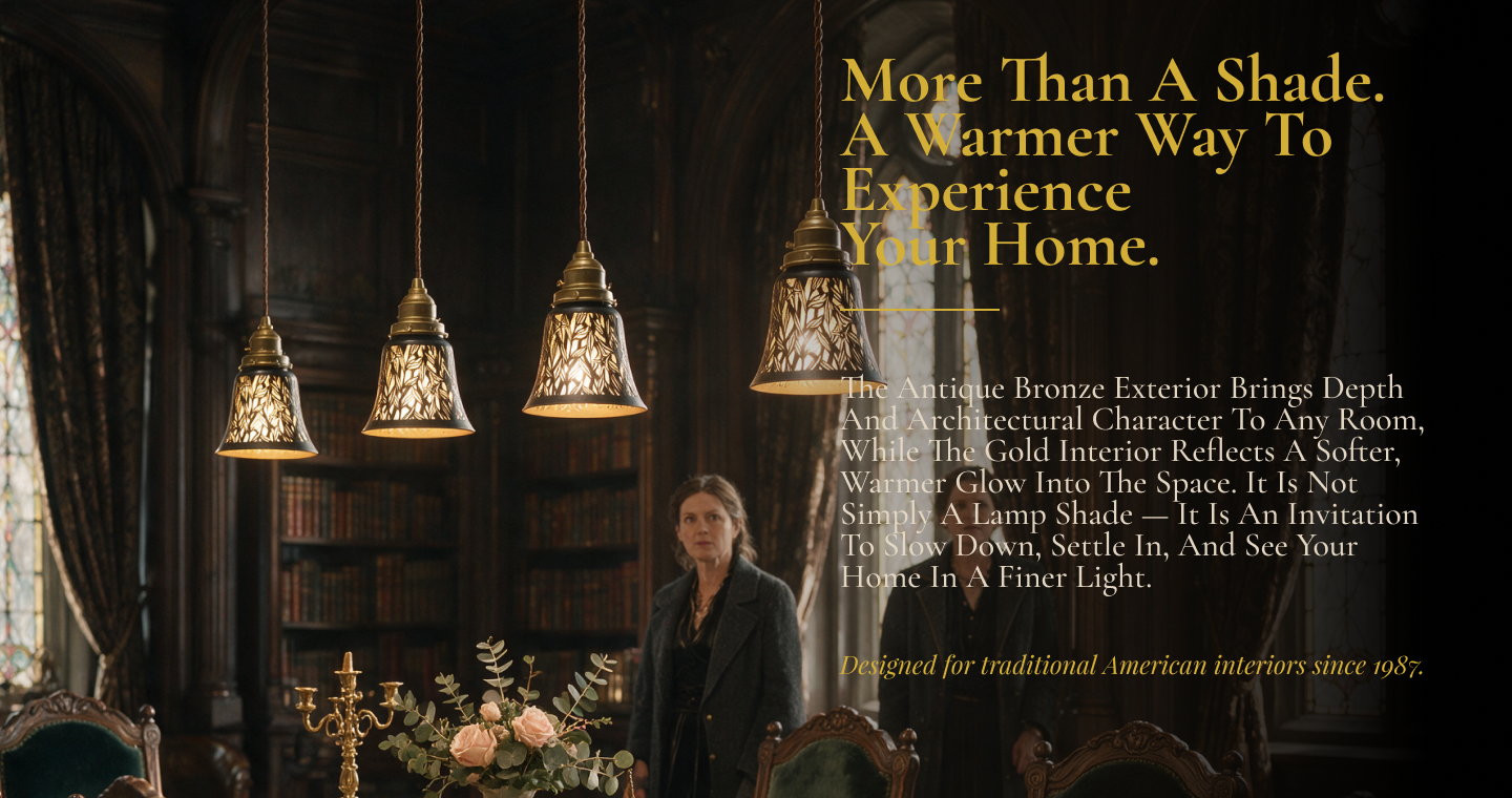 Starfish lamp shades for chandeliers displayed as four warm pendant lights in an elegant vintage dining room.
