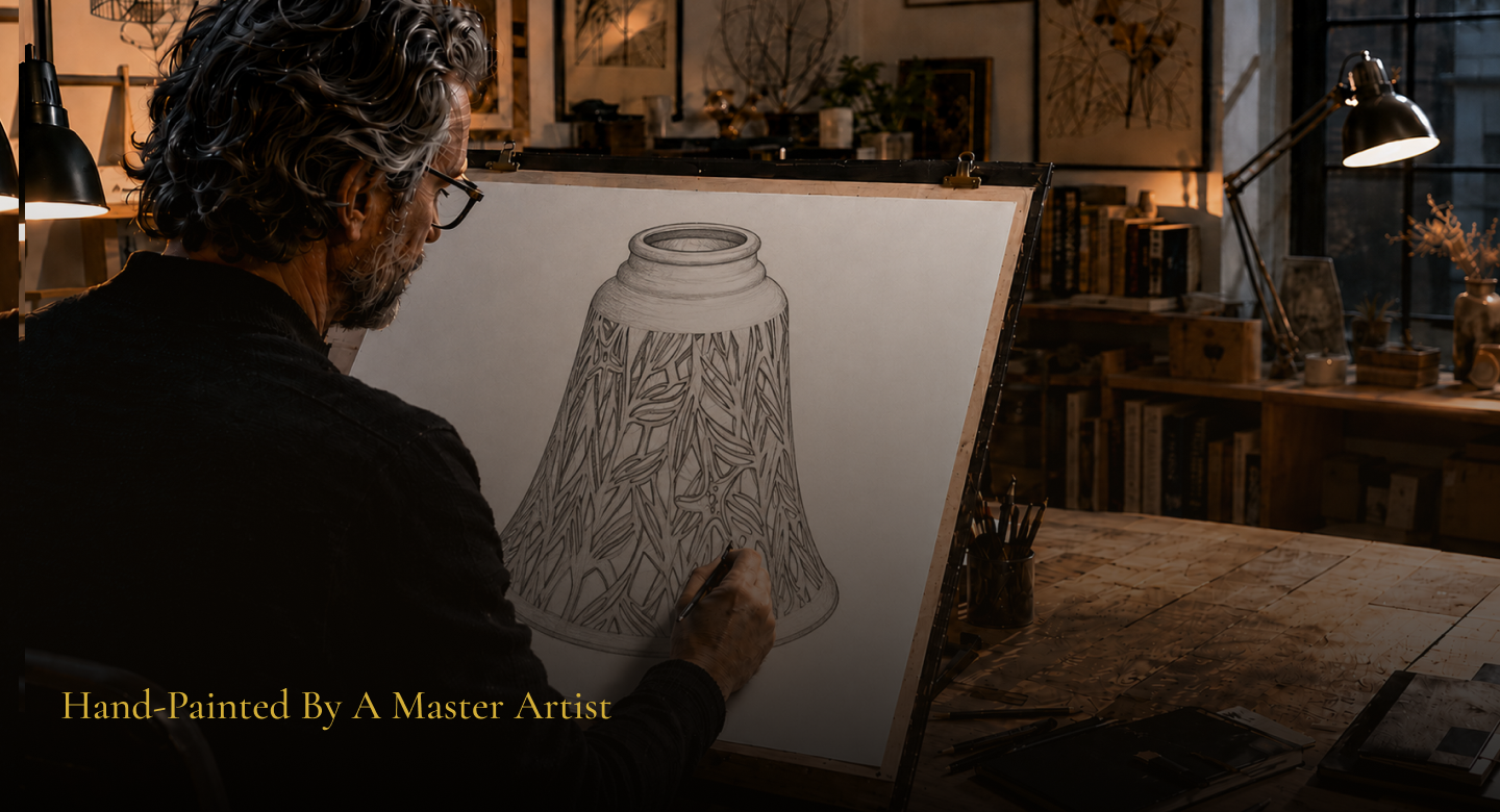 Artistic design process for a starfish metal lamp shade featuring detailed botanical and starfish pattern artwork.