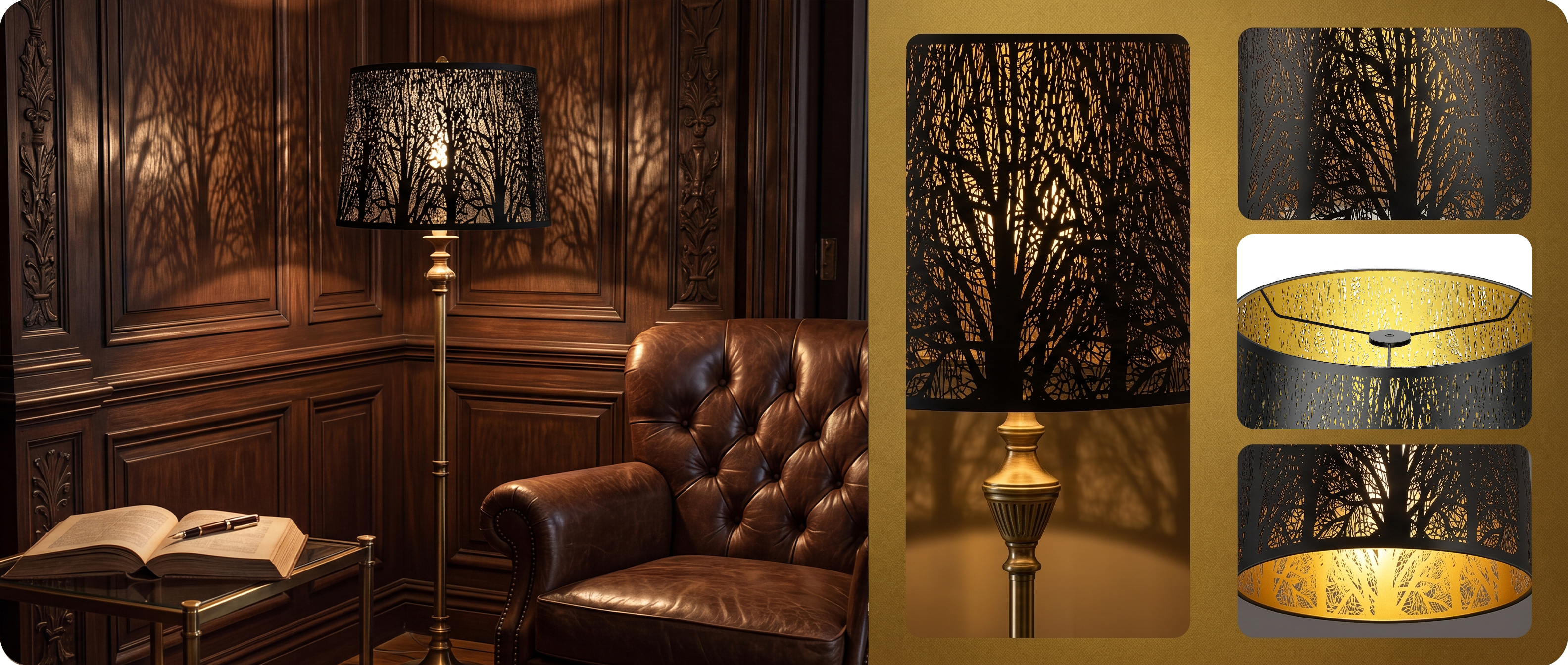 12 x 14 x 10 inch black metal drum lamp shade with tree cutout pattern, warm gold interior and universal spider fitter details.
