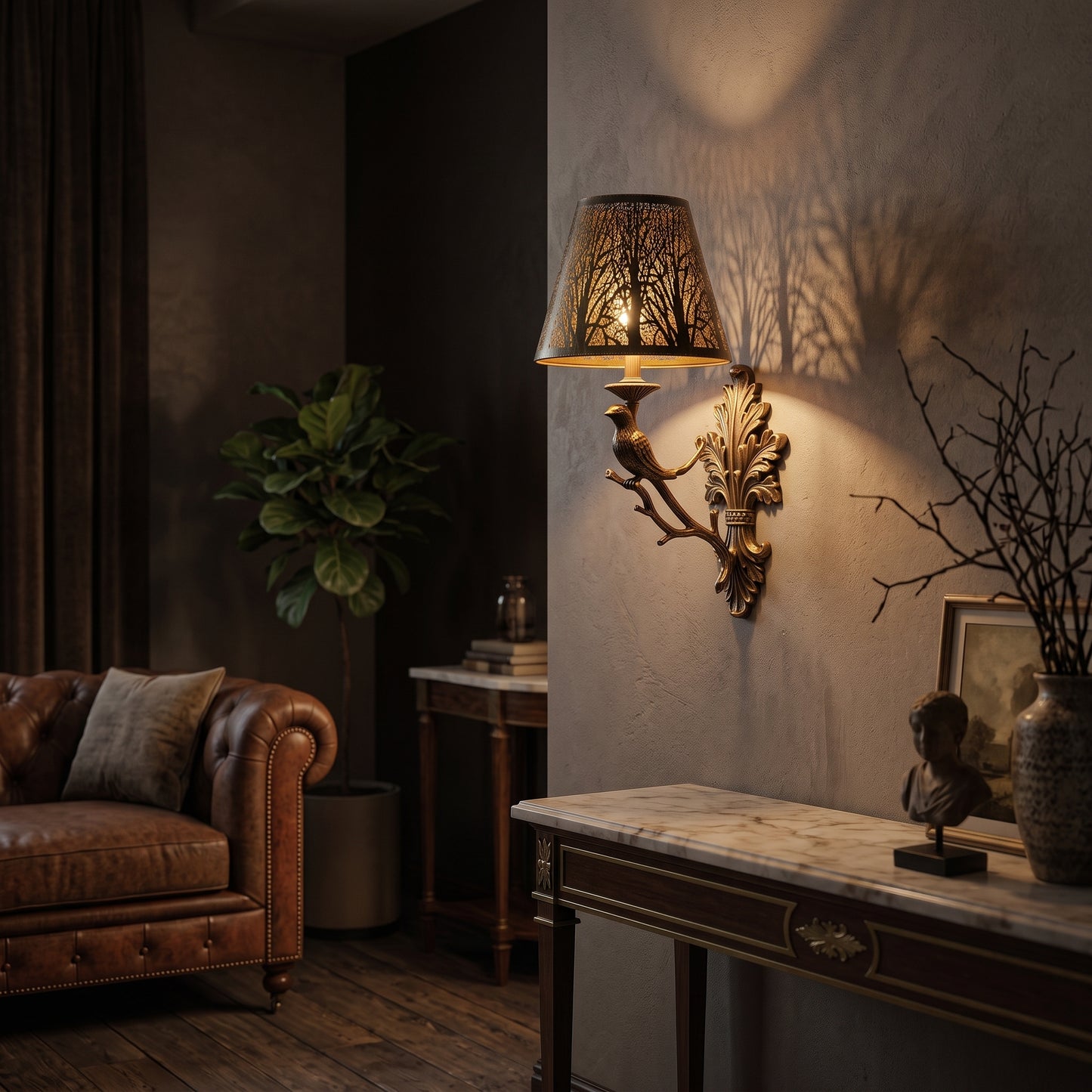 Vintage wall sconce lamp shade with small metal forest pattern, casting soft ambient shadows on a textured wall.