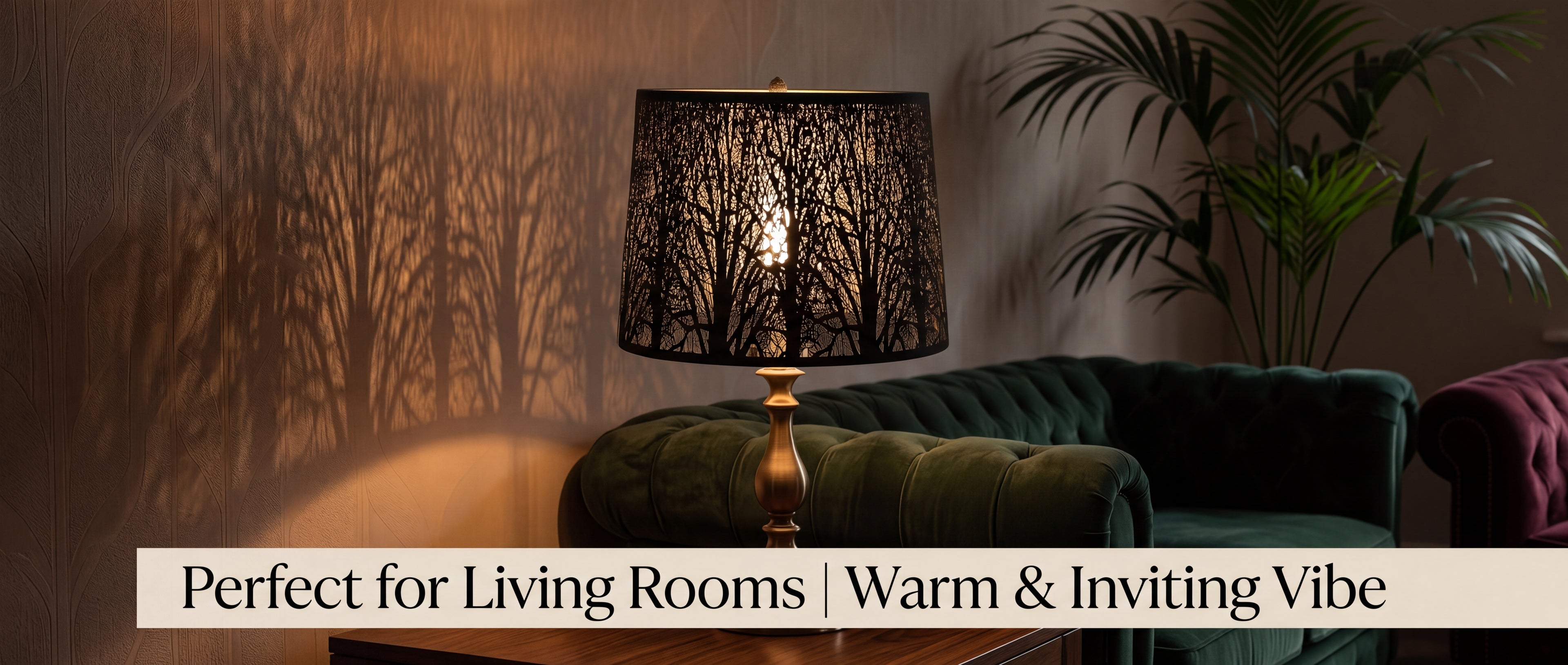 Tree pattern metal lamp shade on a table lamp in a living room, creating warm ambient lighting and decorative forest shadows.