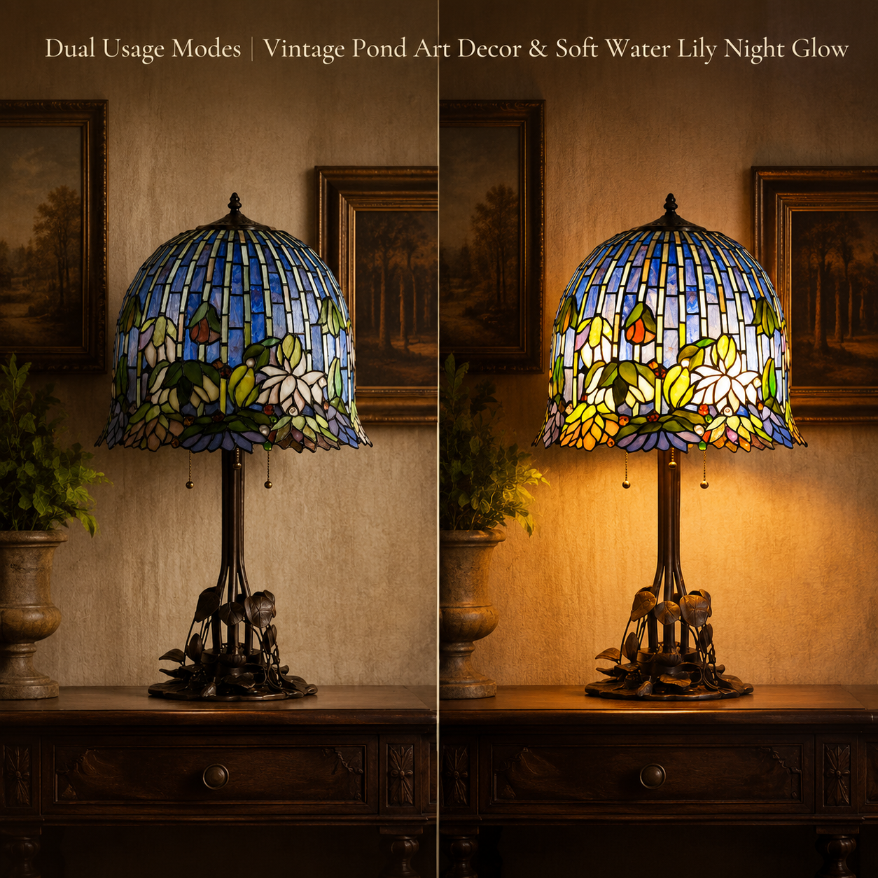 Water Lily Tiffany bedside lamp showing stained glass color transformation between unlit and warm illuminated lighting modes