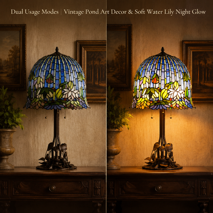 Water Lily Tiffany bedside lamp showing stained glass color transformation between unlit and warm illuminated lighting modes