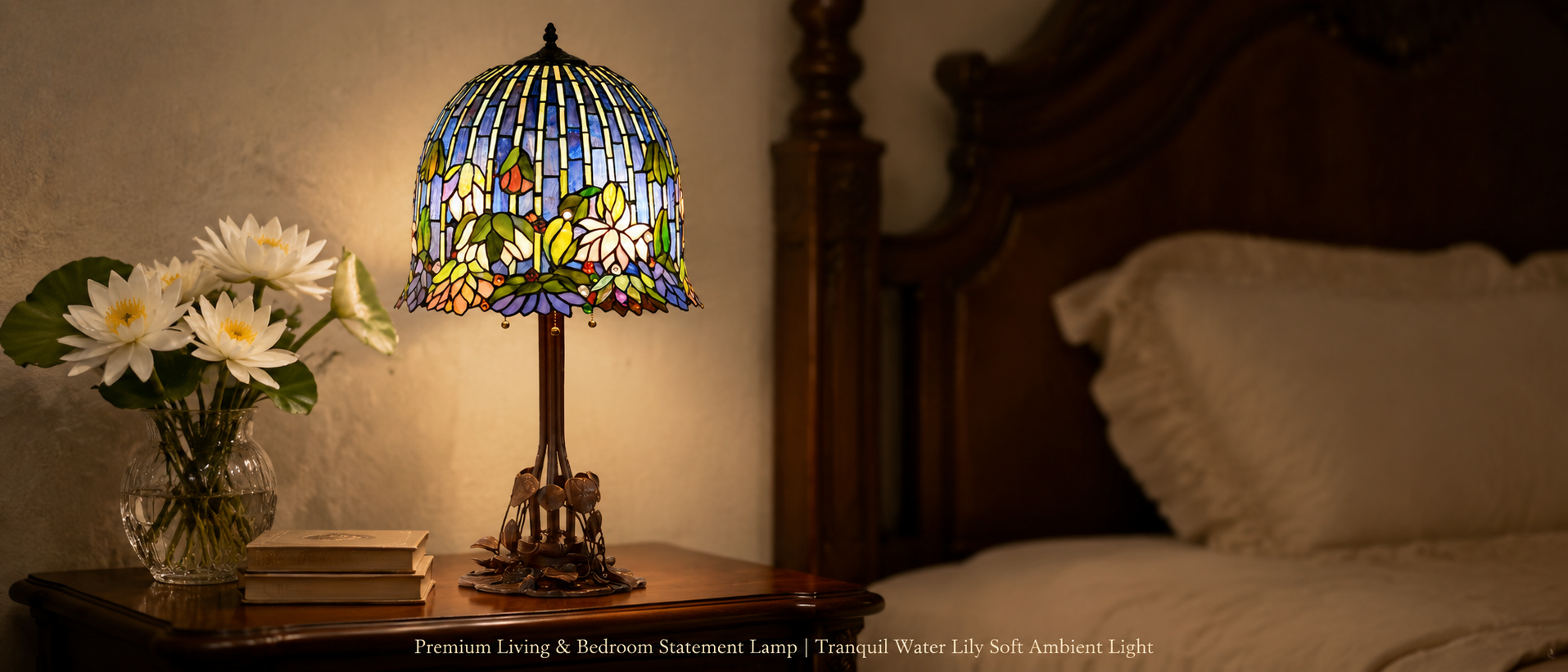 Vintage water lily bedside lamp creating soft warm ambient lighting beside an elegant bedroom nightstand