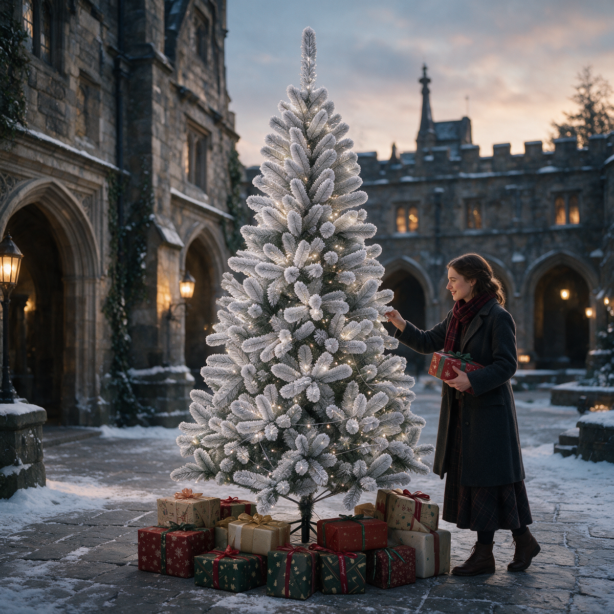 White flocked artificial Christmas tree with warm lights and wrapped holiday gifts in a snow-covered stone courtyard, with a woman holding a Christmas present.