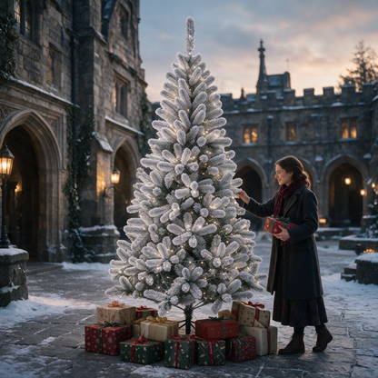 White flocked artificial Christmas tree with warm lights and wrapped holiday gifts in a snow-covered stone courtyard, with a woman holding a Christmas present.