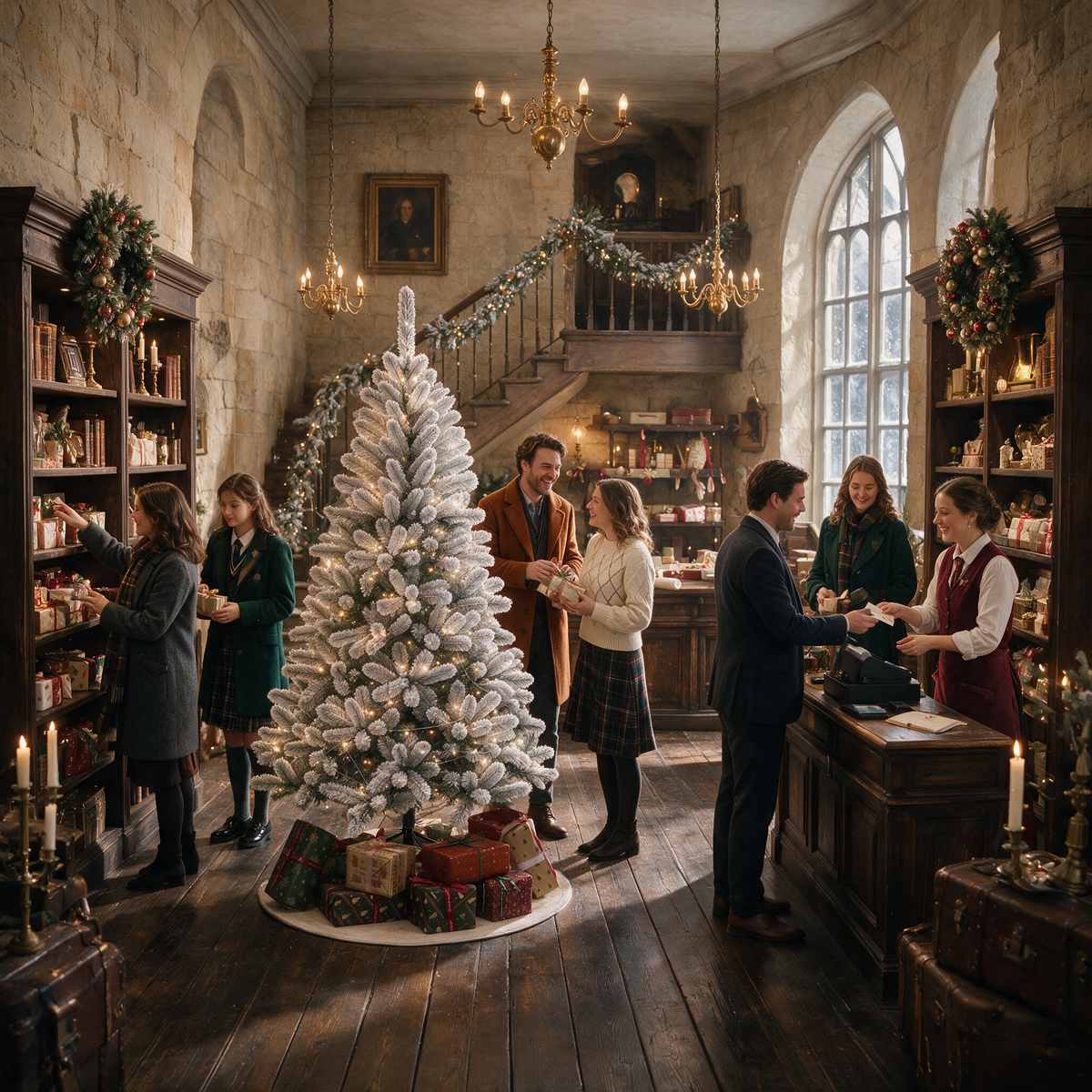 White flocked artificial Christmas tree with warm lights and wrapped presents displayed in a traditional holiday gift shop with wooden shelves and customers.