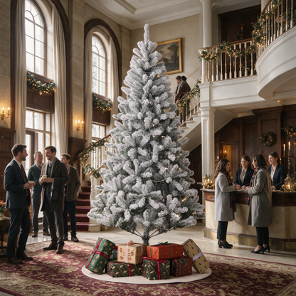 Tall white flocked Christmas tree with warm lights and wrapped gifts displayed in an elegant company lobby, surrounded by people socializing in a festive interior.
复制 Alt Text