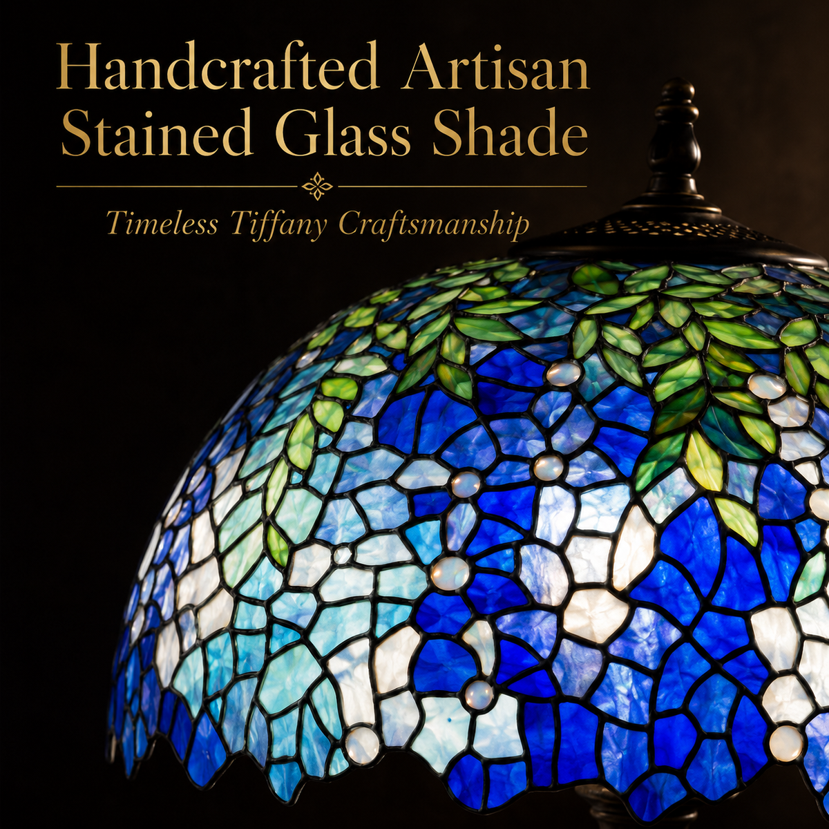 Close-up of Wisteria Tiffany stained glass lamp shade with blue and purple floral mosaic details