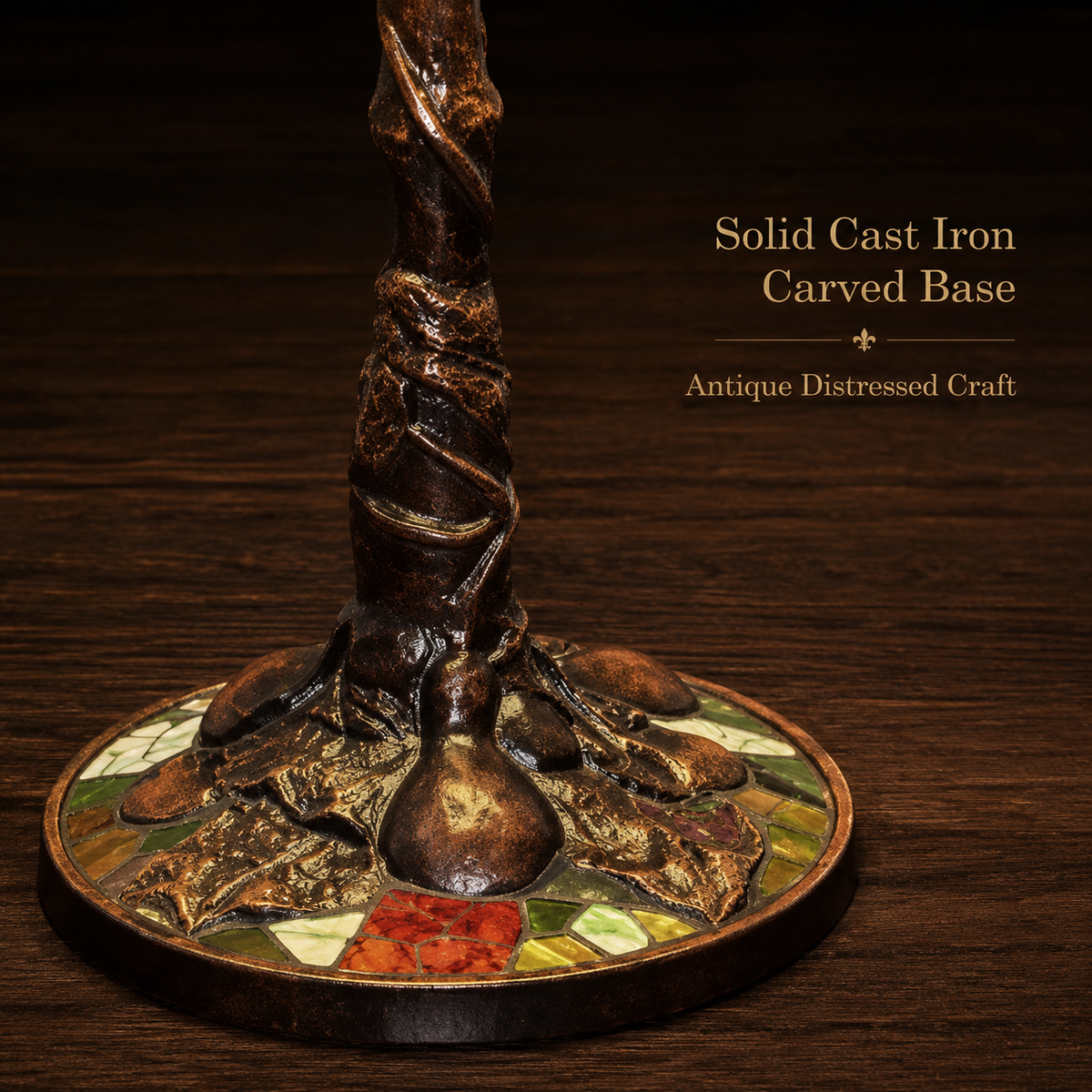 Antique cast iron base of 14 inch Wisteria Tiffany table lamp with vintage decorative details