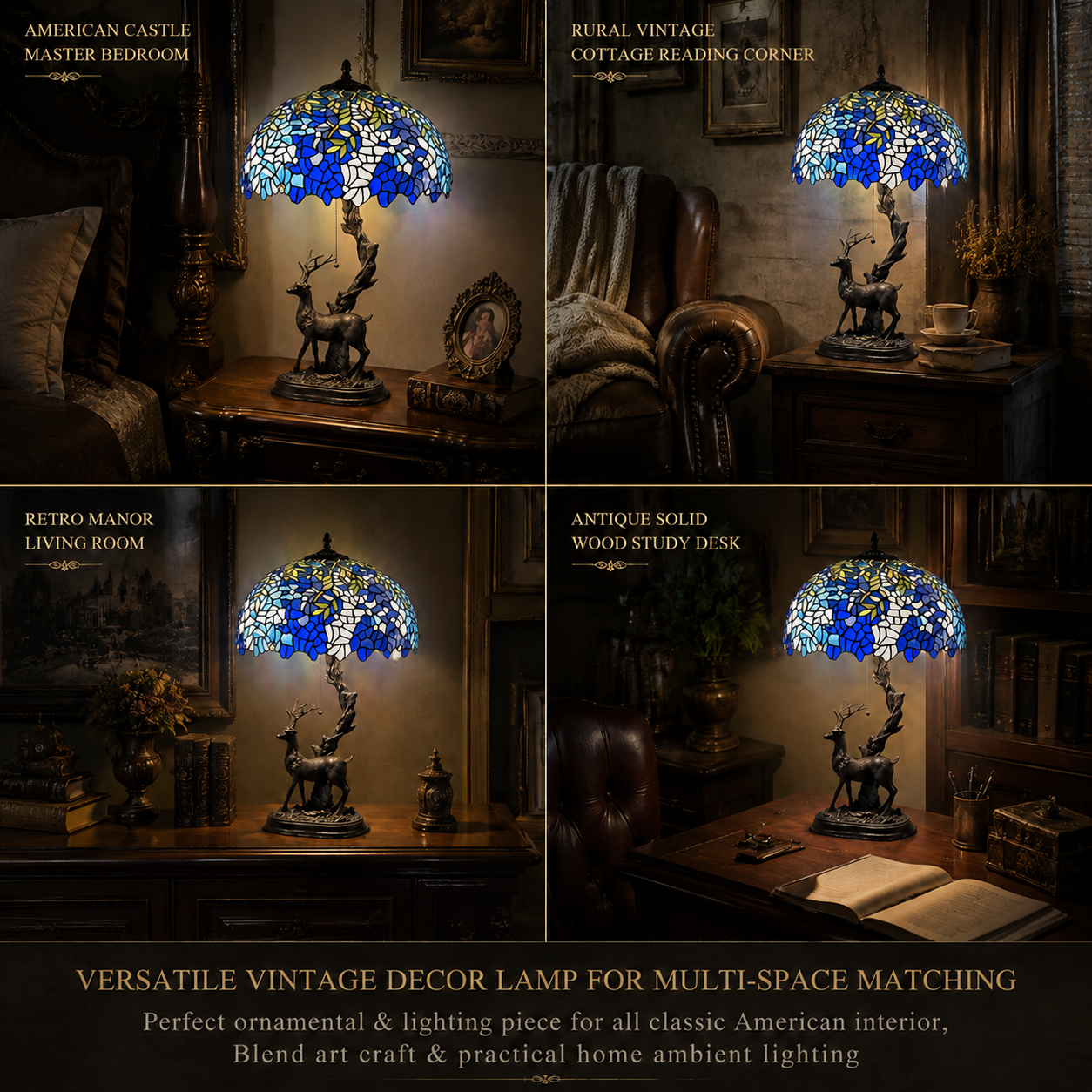 Lit and unlit comparison showing the stained glass glow effect of a Wisteria Tiffany table lamp