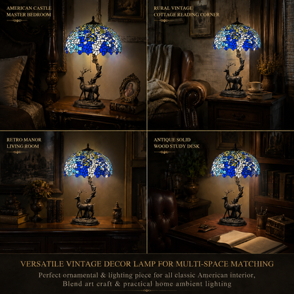 Lit and unlit comparison showing the stained glass glow effect of a Wisteria Tiffany table lamp