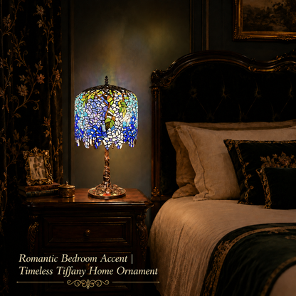 Wisteria stained glass desk lamp placed in an elegant study room with classic vintage interior decor