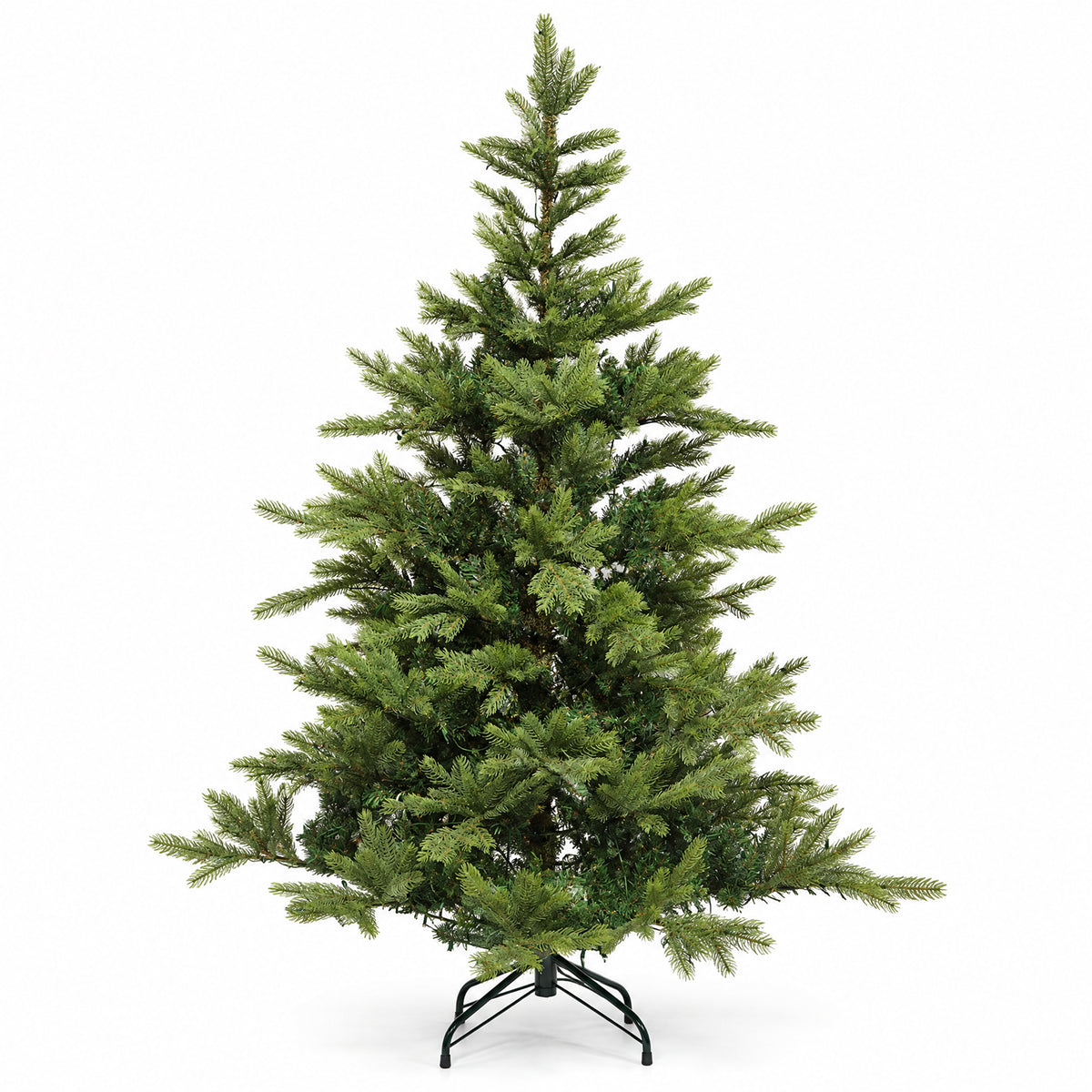 Full view of a 6 ft green artificial Christmas tree with layered evergreen branches and a black folding metal stand against a white background.