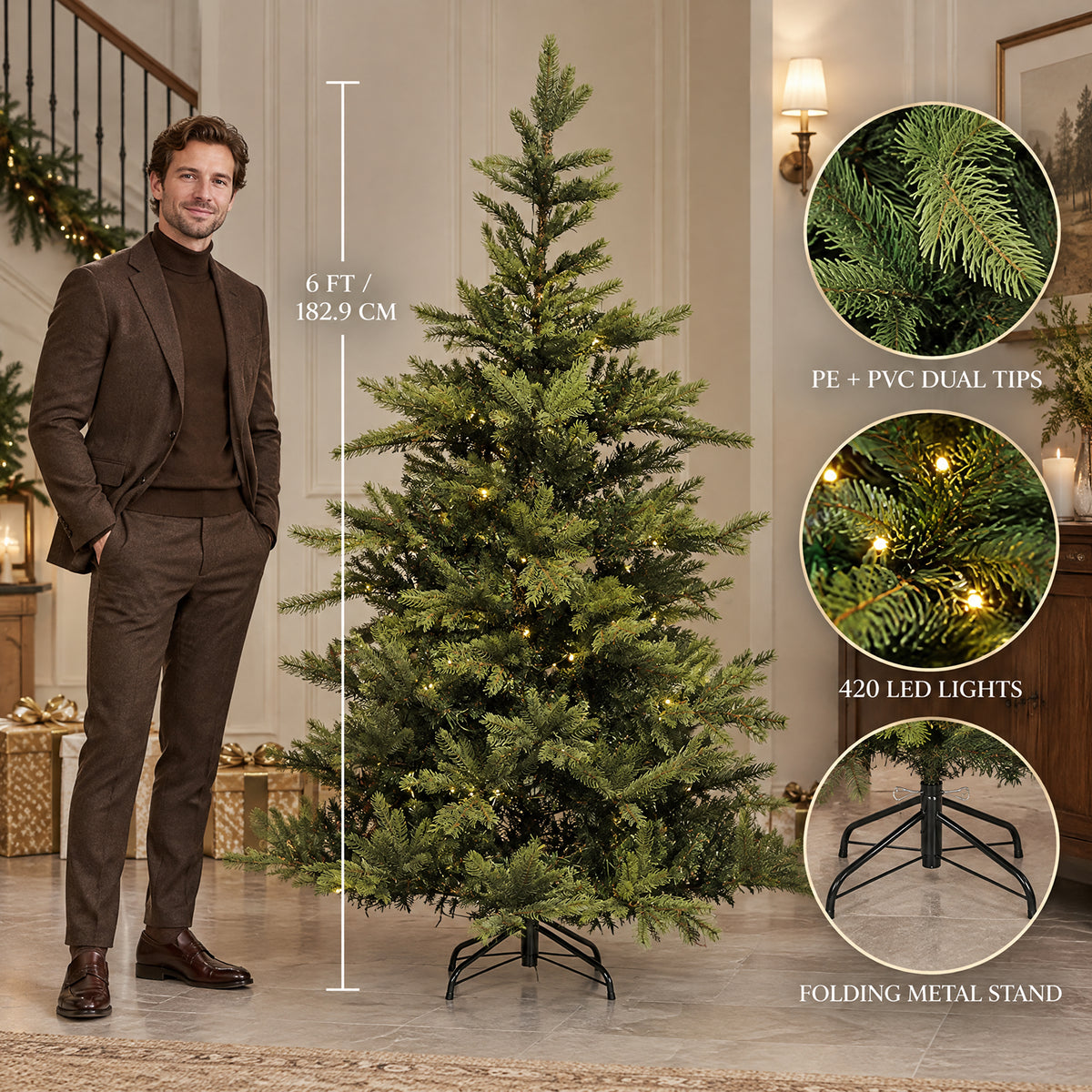 6 ft artificial Christmas tree with 420 LED lights, realistic PE and PVC branch tips, and a folding metal stand, shown with a height comparison.