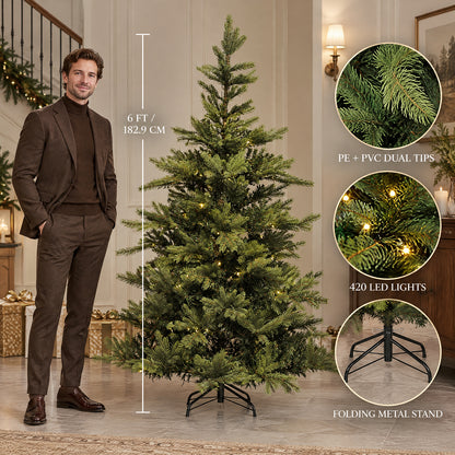 6 ft artificial Christmas tree with 420 LED lights, realistic PE and PVC branch tips, and a folding metal stand, shown with a height comparison.