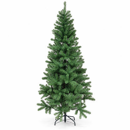 Full view of a green artificial Christmas tree with dense evergreen branches and a black metal stand against a white background.