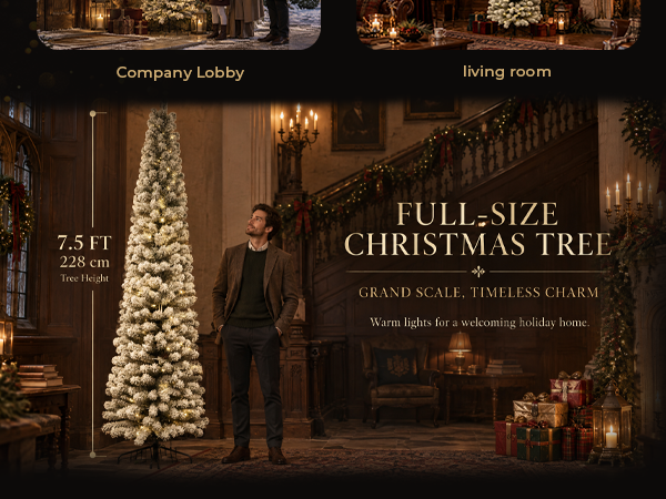 7.5 ft flocked artificial Christmas tree measuring approximately 228 cm tall, shown beside an adult man to illustrate its full-size proportions in an elegant holiday interior.